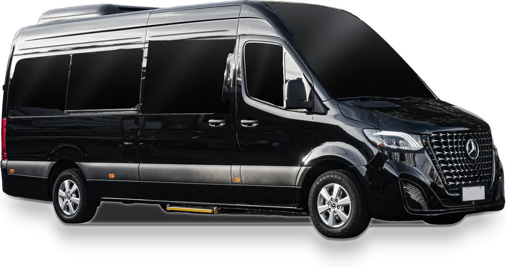 Black Mercedes-Benz Sprinter passenger van, front three-quarter view (representative photo)