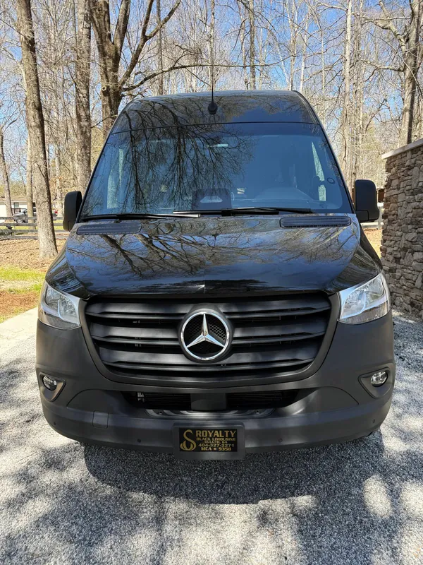 Black Mercedes-Benz Sprinter van from the front